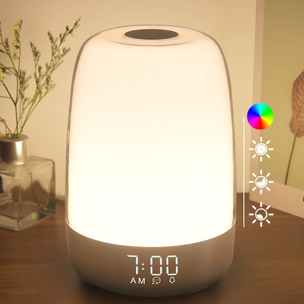 Vekkerklokke med soloppgangsimulering, 3-veis dimbar varm hvit nattbordslampe for barnerom RGB Ambient Table Nightstand Light