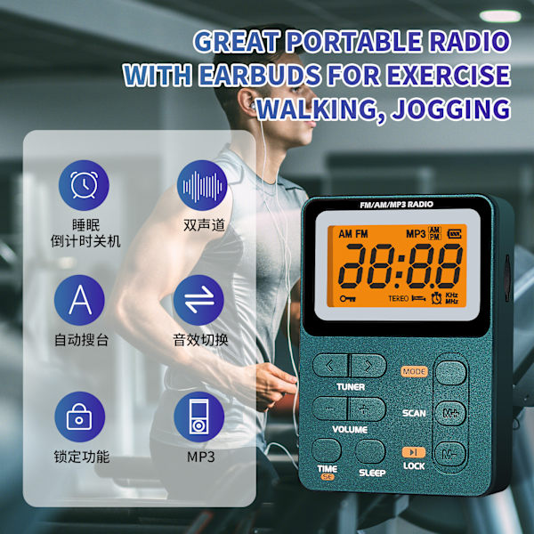 AM FM fickradio, bärbar digital inställning stereo uppladdningsbar liten radio, med låsknapp, med hörlurar, för promenader jogging gym camping (grön)