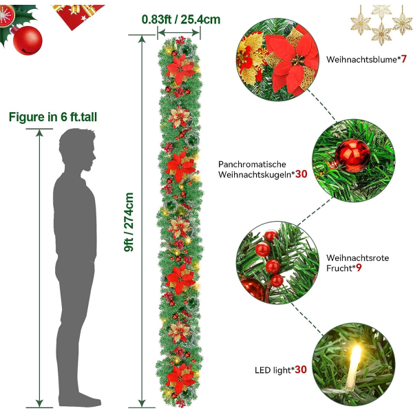 2,7M Juleguirlande med Lys - Juletræguirlande med Batterilys - Juleguirlande Juleguirlande Juledekoration til Udendørs Indendørs