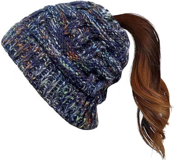 Slarvig Hårbulle Ponytail Mössa Färgad Kabel Stickad Mössa för Kvinnor Flickor Vinter