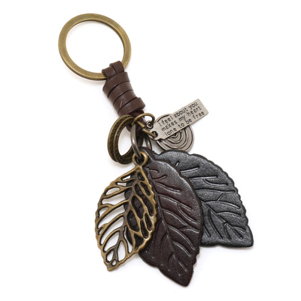 Porte-clés feuille en cuir vintage (marron foncé), petit cadeau,