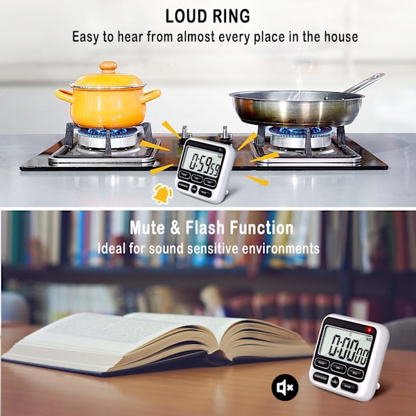 Digital køkkentimer med lydløs/høj alarmkontakt, 24 timers ur og alarm, hukommelsesfunktion, perfekt til børn, lærere og madlavning (sort)