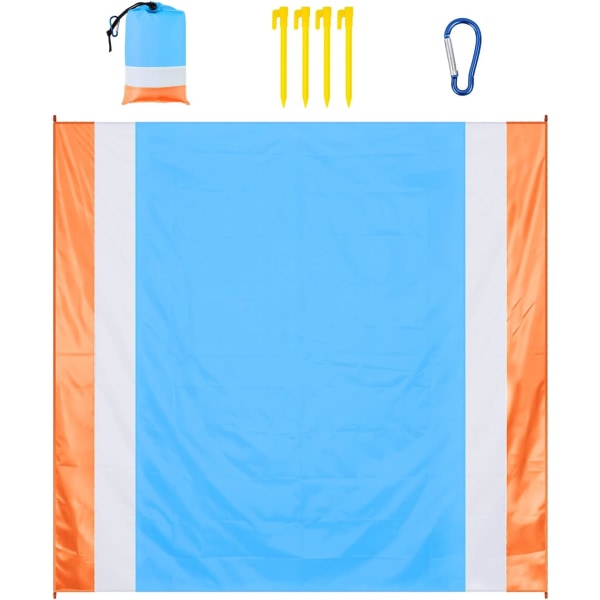 Blå + Orange - Strandfilt Strandmatta, 210 x 200 Sandtålig Strandmatta med 4 Stakes, Bärbar Sandtålig Strandfilt för Camping, Strand,