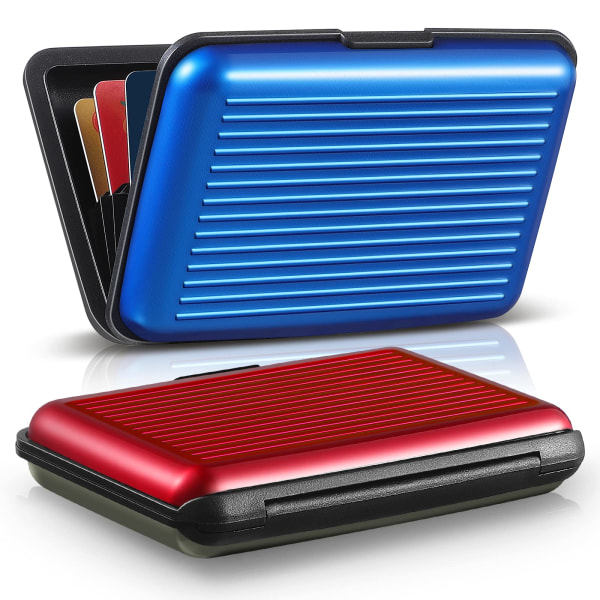 2 styks kreditkortholder Slank Mini RFID-blokerende kreditkortbeskytter Aluminium visitkortetui Metal ID-pung til kvinder Mænd (rød, Bl)