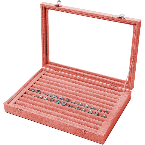 Fløjlsringe-opbevaringsboks - smykkeholder med klart glaslåg Hold op til displaykassebakke - ringe, øreringe, vedhæng og manchetknapper, pink