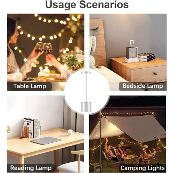 Bordlampe, Genopladelig Trådløs Bordlampe, 3600mAh LED Bordlampe Metaldesign USB-opladning, 3 Farvetilstande, til Sengebord, Udendørs, Terrasse, Restaurant