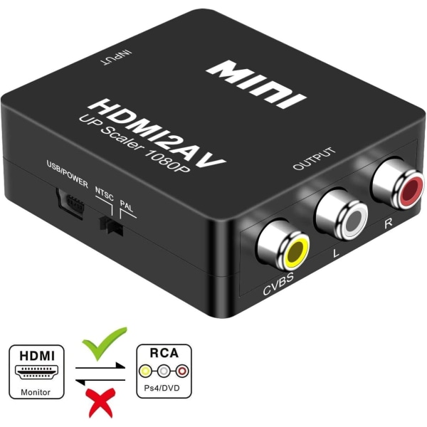 HDMI-AV-sovitin, HDMI-3RCA-komposiitti-CVBS-videoäänenmuunnin, tukee PAL/NTSC:tä USB-kaapelilla, yhteensopiva PC/kannettavan/Xbox/PS4/PS3/TV/DVD-laitteen kanssa