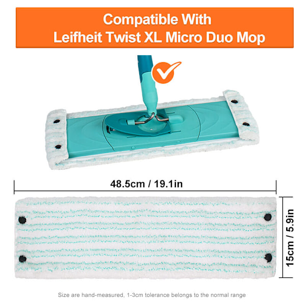 2 moppipään vaihtopään setti Leifheit Clean Twist/Combi M Micro Duo -Chif -moppiin hapsuilla, 48,5 x 15 cm, Leifheit Serpillière -yhteensopiva Moppe, mikrokuitu