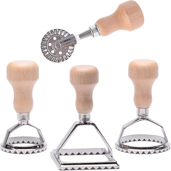 Set med 4 bakredskap, ravioli-skärare, ravioli-skärare i trä med handtag och ravioli-rulle