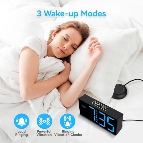 Extra stark väckning med sängvibrator, vibrerande väckning med LED 7 '' för döva och hörselskadade, stora sovare, dubbel väckning, snooze, laddning