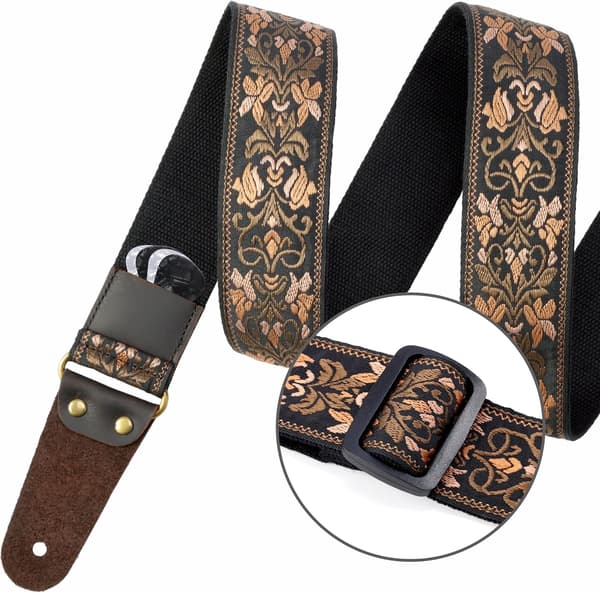 Broderad gitarrrem, läderrem med osynlig påse, för bas, elgitarr och akustisk gitarr