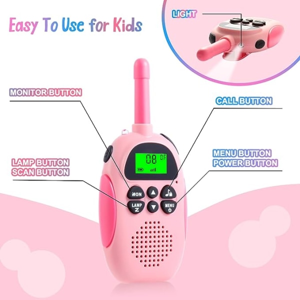 Latautuva Walkie Talkie 2-pakkaus (vaaleanpunainen, sininen), Lasten 3 km:n pitkän matkan Walkie Talkie LCD-taskulampulla Lelulahja 3-12-vuotiaille pojille ja tytöille sisä- ja ulkokäyttöön