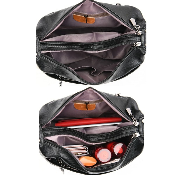 Kvinners skinn crossbody-veske med flere lommer, myk skinnveske for kvinner, lett med justerbar stropp (svart)