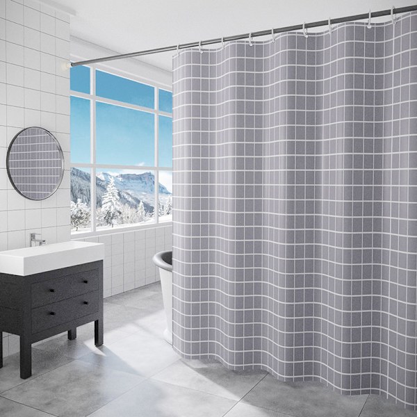 Duschdraperi Vattentät Förtjockad Polyester Duschdraperi Grått Rutnät Används för att Dekorera Badrumsgardiner (150cm Bredd x 180cm Höjd)