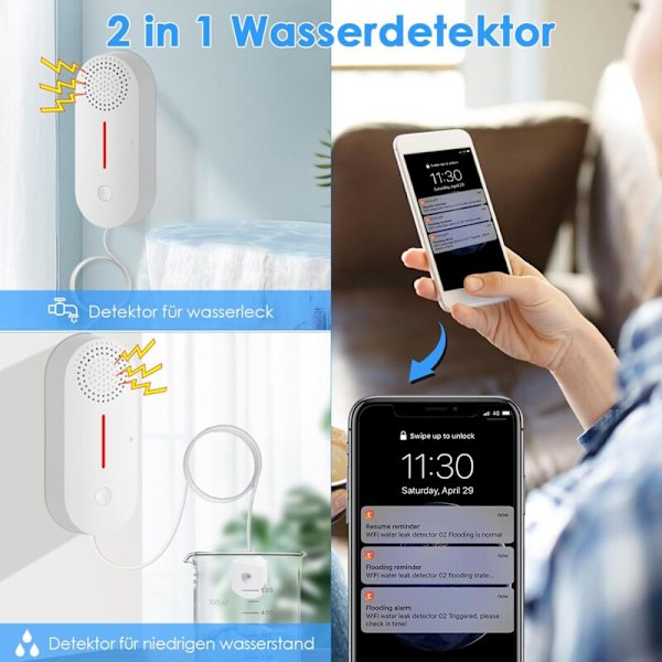 WiFi-vesivuotohälytin, vedenkorkeushälytin, 100 dB:n vesihälytin, vesivuotoanturi langaton, push-ilmoitukset Tuya/Smart Life -sovelluksissa