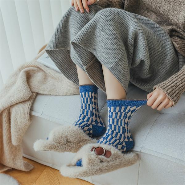 5 par blå sokker til kvinder i efterår og vinter, fortykkede varme strømper, japanske retro kvinders alsidige mellemkalve sokker