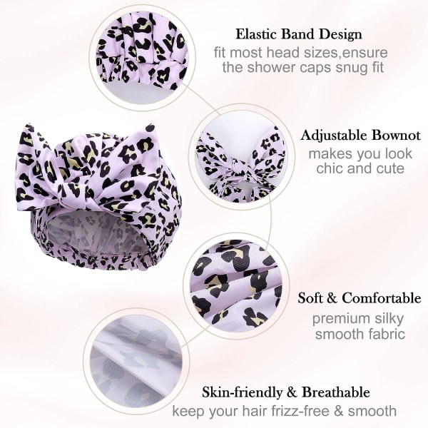 Dusjhette for kvinner - Vanntett gjenbrukbar dusjhette justerbar knute svømmehette med elastisk bånd for damer jenter bading spa (rosa leopard)
