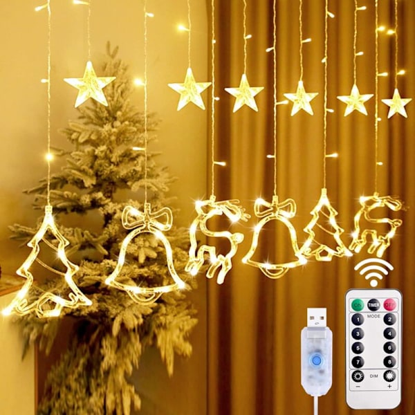 Jouluinen valoverho, valaiseva jouluköynnös, poro, tähtikuvioitu puu, sisä- ja ulkokäyttöön, 8 USB-tilaa, joulukoriste