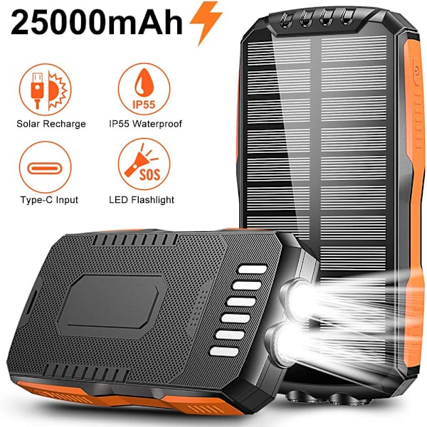 Trådløs Powerbank 25000mAh Udendørs Nødstrømslommelygte Bærbar Solenergi Powerbank