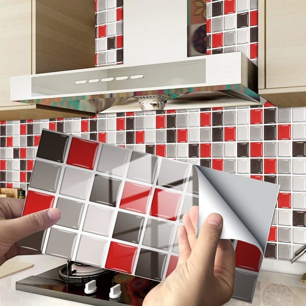 24 kpl suorakaiteen muotoinen koristeellinen laattaliima kylpyhuoneen ja keittiön laattatarroihin, marmorikuvioinen mosaiikki vedenpitävä liimakoristelu (punainen mosaiikki)