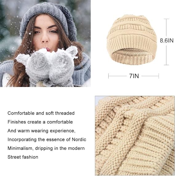 Vinter Dam Ponnytail Mössa - Dam Ponnytail Mössa Kabel Stretch Stickad Mössa Vinter Utomhus Varm Messy Bun Mössa Med Hål
