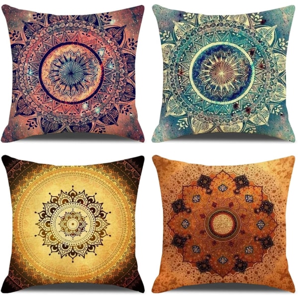 Sæt med 4 pudebetræk Dekorativt sofapudebetræk Dekoration til soveværelse, sofa, stol, bil, seng, have 45 x 45 cm (Multifarvet Mandala)