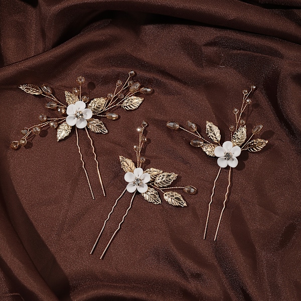 Set med 3 bröllopsaccessoarer för hår - Bröllopshårblomma Guld Brudnälar för kvinnor och flickor