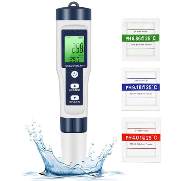 PH tds meter, vandkvalitetstester 5 i 1 pH/tds/EC/salt/temperatur tds meter lcd grønt baggrundslys til pool/akvarium/dam