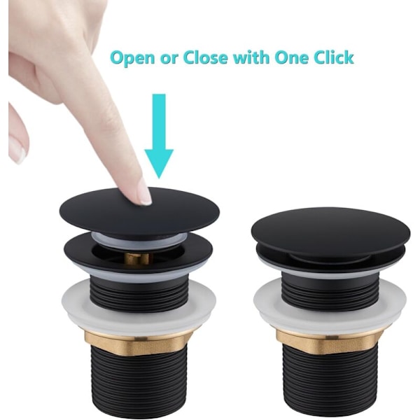 Vaskepropp uten overløp, Ulytid Click Clack baderomsvaskpropp, Universal Standard-G 1 ¼, Matt svart finish
