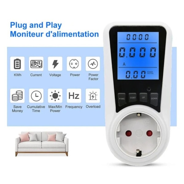 Vit Energimätare Wattmätare Uttag, 7 Lägen Strömmätare Uttag, LCD-Display, Max 3680W(1396666mm)