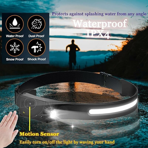 2-pack LED Pannlampor med Sensor COB XPE Kraftfulla 5 Lägen USB Uppladdningsbar Vattentät Huvudficklampa