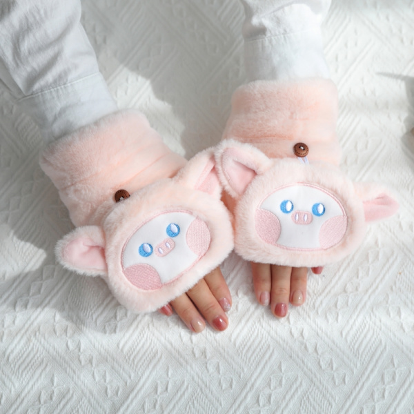 Cartoon Piggy Vantar Vinter Varma Vantar Plysch Fingerlösa Vantar med Flip Cover