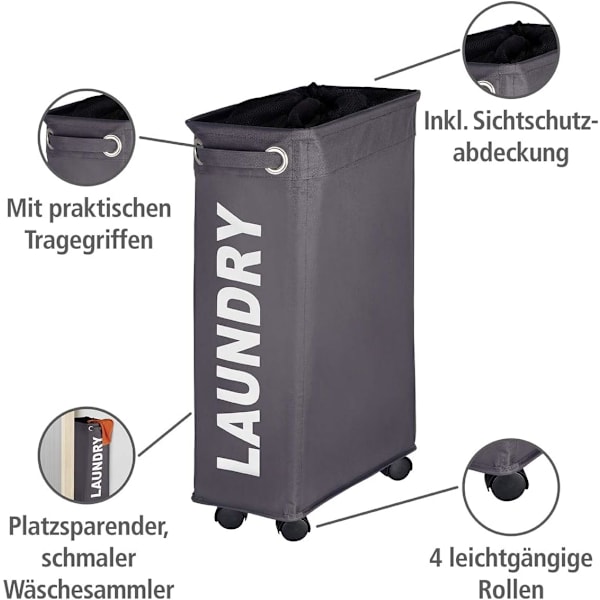 Tvättkorgar Tvättkorg, ultratunn tvättkorg för små nischer, tvättkorg på hjul, tvättskåp med handtag, 100 % polyester