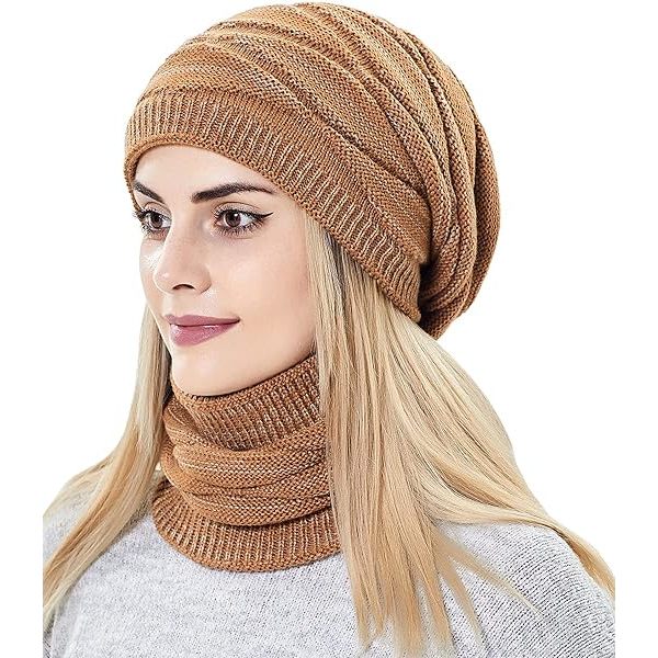 2 i 1 Dame Slouchy Hue Hat og Halstørklæt Sæt Fleeceforet Strikket Ski Hat Vinter Varmt Hue og Halsvarmer til Piger(brun)