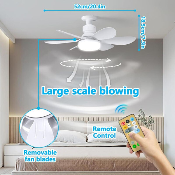 Takfläkt, Tyst Takfläkt, 40W Takfläktslampa med E27-sockel, 6 Blad, 3 Hastigheter, Tyst, för Vardagsrum, Sovrum, Sovrum (52cm)