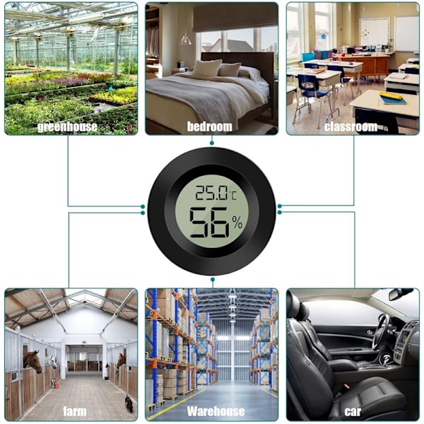 Sett med 5 LCD digitale hygrometre, temperaturmåler for luftfuktere, avfuktere, drivhus, kjeller, babyrom, rund svart