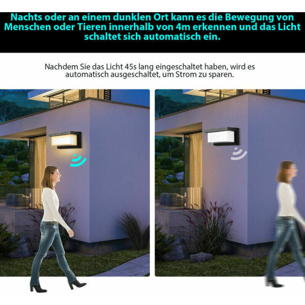 18W LED-seinävalaisin, LED-anturi, IP65 ulkovalaistus, liiketunnistimella, terassit, puutarhat, lämmin valkoinen - musta