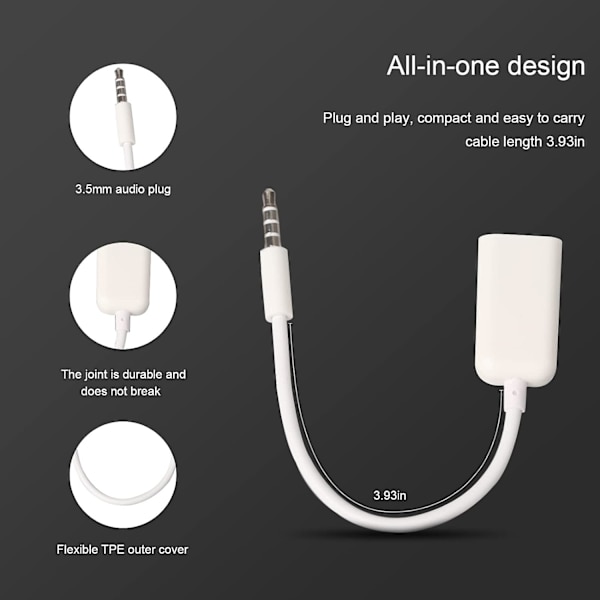 AUX til USB-adapter 3,5 mm han-stik Aux-lyd til USB 2.0 hun-konverterkabel Konverterkabel til bil Hvid 2-pak af Oxsubor (Car Decode Func