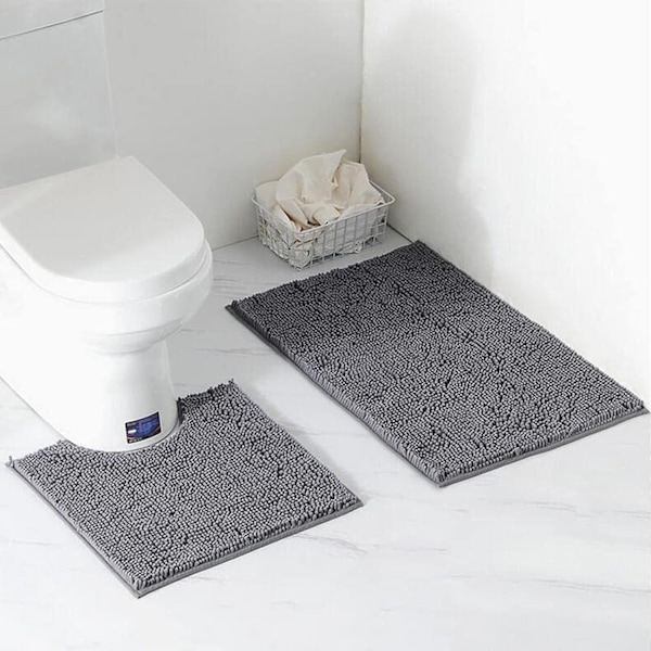 2-delt bademåttesæt, piedestalsæt, skridsikkert bademåtte, vandabsorberende, badekar måtte, U-formet toilet piedestal måtte, måtte (grå)