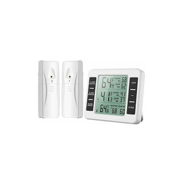 Kylskåpstermometer, kylskåpstermometer med fryslarmsfunktion, inomhus- och utomhustermometer med 2 sensorer, min/max och temperaturlarm
