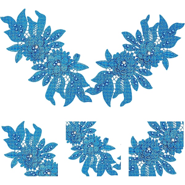 2 stk. 3D blonder applikationspatches, blå sy på broderi blonder blomster patches blomstermønster perler rhinestones blonder trim stofperler applikationer til syning