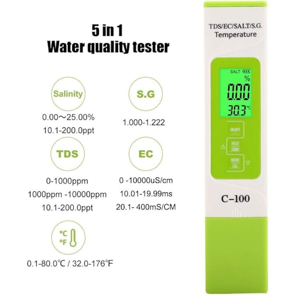 Vandkvalitetstester, C-100 5 i 1 Salinitet TDS EC Havvandstester, Multifunktionel Digital TDS-måler med Baggrundsbelysning til Swimmingpool, Akvarier og Sa