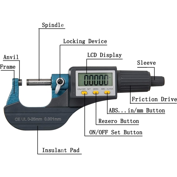 0-25mm /0-1" Digital Micrometer - 0.001mm/0.00005‘’ High Accuracy Portable LCD Electronic Micrometer Incremental and Absolute Measurement Inch Mode