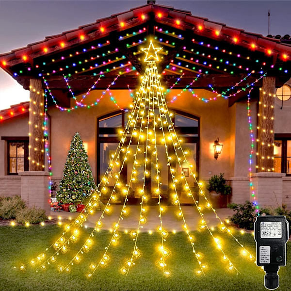 Ljusstark julstjärnekrans, 344 LED-lampor, 8 lägen och vattentät IP44, utomhusfönsterdekoration för julgran, bröllopsnatt (