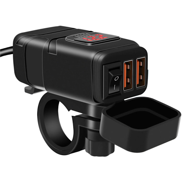 Vanntett motorsykkel USB-lader, Dobbel USB/QC3.0 Dobbel billader, USB Motorsykkel Hurtiglading med bryter og LED voltmeter