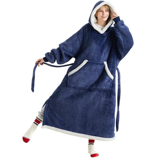 Hjemme varm og holdbar voksen dame hætte tæppe mænds varme hyggelige tæppe sweatshirt med store lommer og linning (Navy)
