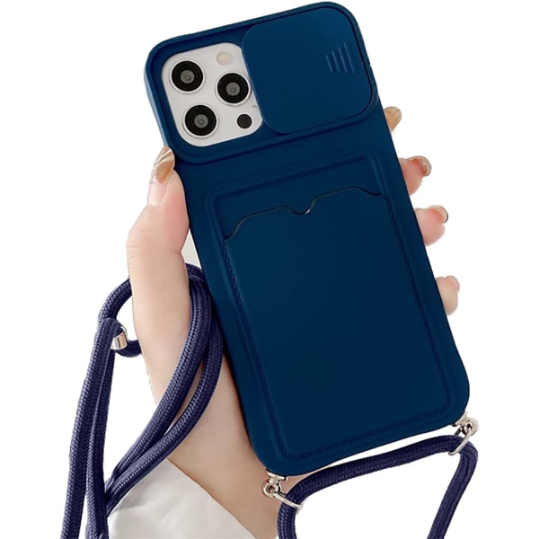 Navy Blue iPhone 11 Pro Max Etui med Halskæde Lanyard, Beskyttende Kamera Slide Etui til iPhone 11 Pro Max Silikon TPU Bumper Etui med Slot Kort H