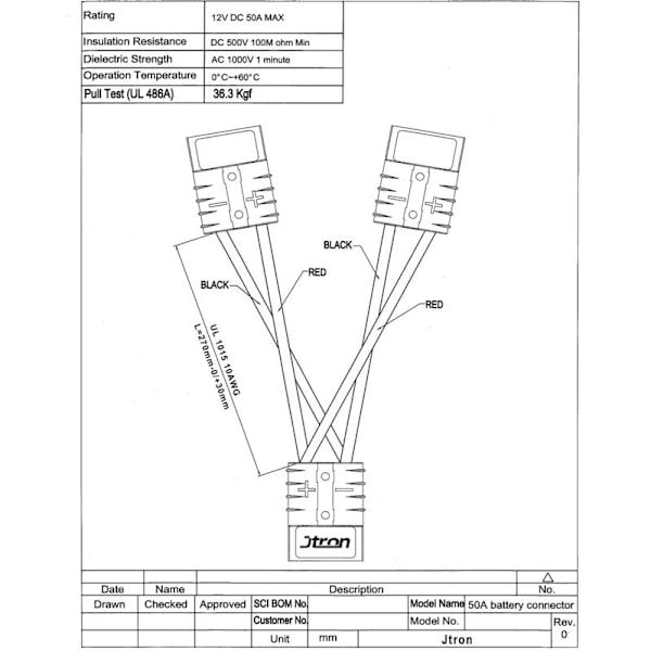 30 cm Hurtigladekabel for Bil 50A 600V 1 til 2 Kontakt for Gaffeltruck, Terrengkjøretøy, Golfbil