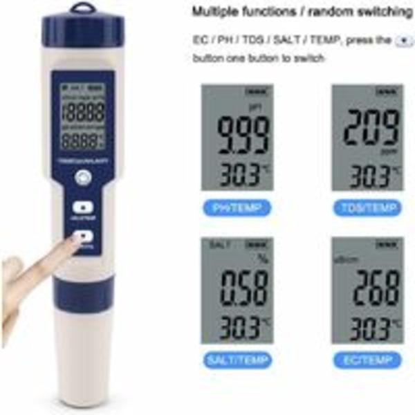 Triomphe Vattenprovare 5 i 1 Multifunktionell Vattenkvalitetstestare, Digital TDS/EC/Salinitet/PH/Temperatur för Dricksvatten, Pool, Akvarium, Fisk T
