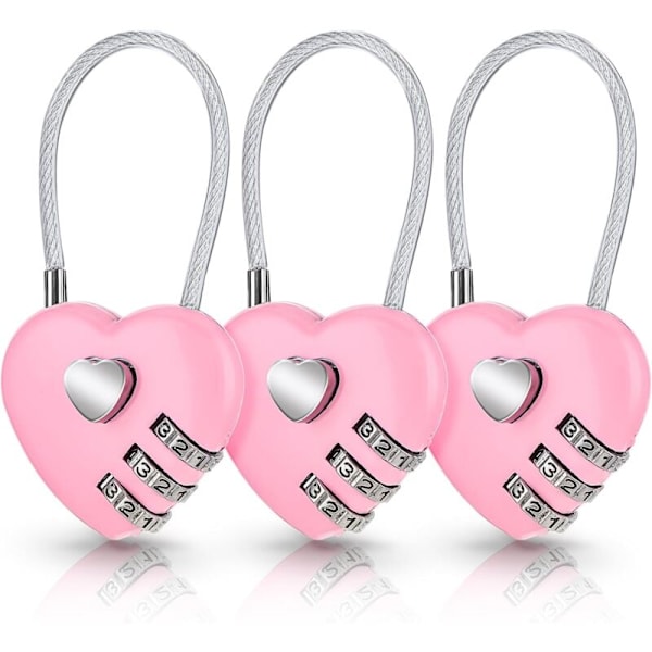 3 kappaleen setti Cadenas-lukkoja yhdistelmällä vaaleanpunaisen sydämen muodossa matkalaukkuihin, kivoja koodattuja sydämenmuotoisia lukkoja, pieni vedenpitävä riippulukko
